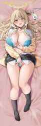 :d absurdres abydos_high_school_logo_(blue_archive) abydos_high_school_student aqua_bra aqua_panties black_skirt black_socks blue_archive blue_bra blue_panties blush bra breasts brown_jacket clothing_aside collarbone collared_shirt dakimakura_(medium) ebifurya female foreclosure_task_force_(blue_archive) from_above full_body green_eyes hair_between_eyes half-closed_eyes halo hand_in_own_panties hand_in_panties highres id_card jacket kneehighs large_breasts light_brown_hair long_hair long_sleeves looking_at_viewer lying nonomi_(blue_archive) off_shoulder on_back open_clothes open_jacket open_shirt panties panties_aside shirt skirt skirt_rolled_up smile socks solo sweat sweaty_body sweaty_breasts teeth underwear upper_teeth_only white_shirt