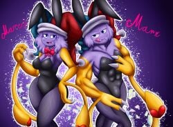 buff bulge bunnysuit claws clothed female genderswap_(mtf) humanoid hunk jester kirby_(series) licking_lips male marx playboy_bunny purple_hair purple_skin thick_thighs yellow_arms yoshimister