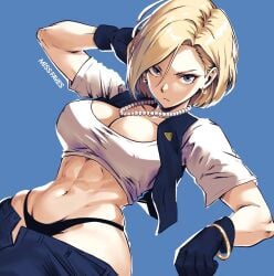 1girls abs android_18 big_breasts blonde_hair blue_eyes cleavage dragon_ball dragon_ball_z earrings female female_only looking_at_viewer missfaves navel panties pearl_necklace solo solo_female solo_focus thick_thighs thighs wide_hips zipper