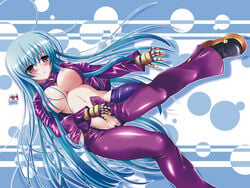 blue_hair blush breasts c.r. cleavage female highres king_of_fighters kula_diamond long_blue_hair long_hair navel nipples open_clothes pointy_chin pussy red_eyes snk uncensored unzipped