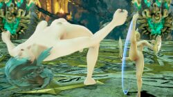 2girls alluring bare_legs black_and_green_hair blonde_hair breasts cassandra_alexandra completely_nude_female h-heroine high_kick kick kicking mod multiple_girls nipples nude project_soul pussy soul_calibur soul_calibur_ii soul_calibur_iii soul_calibur_vi sword_and_shield tira_(soulcalibur) weapons