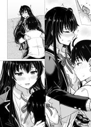 1boy absurdres blazer blush bra breast_sucking breasts closed_eyes female front-hook_bra greyscale hair_ribbon highres hikigaya_hachiman inanaki_shiki jacket long_hair monochrome multiple_views my_teen_romantic_comedy_snafu neck_ribbon nipples open_bra open_clothes open_jacket open_mouth open_shirt plaid plaid_skirt ribbon school_uniform shirt short_hair skirt small_breasts sobu_high_school_uniform thighhighs underwear white_shirt yukinoshita_yukino