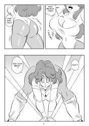 1girls ass bending_forward bending_over big_ass big_breasts black_and_white breasts cleavage dragon_ball funsexydragonball jiggling_ass jiggling_breasts long_hair monochrome sole_female solo solo_female surprised_expression workout