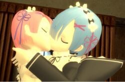 2girls 3d bangs blue_hair female female_only ftrubyruben hair_ornament hair_over_one_eye kissing maid maid_headdress maid_uniform pink_hair ram_(re:zero) re:zero_kara_hajimeru_isekai_seikatsu rem_(re:zero) roswaal_mansion_maid_uniform short_hair sisters twincest twins x_hair_ornament yuri