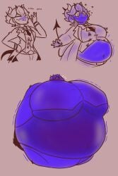 beelzebub_(helltaker) big_breasts blueberry_inflation breasts helltaker inflation nullone skin_turning_blue sunken_limbs thick_thighs wide_hips