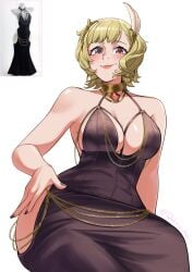 1girls absurdres alternate_costume black_dress blonde_hair breasts brown_dress citrinne_(fire_emblem) cleavage deliciousbra deliciousbrain dress earrings feather_hair_ornament feathers female female_only fire_emblem fire_emblem_engage gold_choker hair_ornament highres hoop_earrings jewelry large_breasts meme_attire mismatched_earrings modakawa_dress nintendo red_eyes solo wide_hips wing_hair_ornament