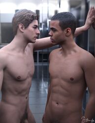 2boys 2humans 2males 3d 3d_(artwork) 3d_model black_hair boxer brown_hair dark-skinned_male dark_skin duo duo_focus eye_contact firefighter flaccid flaccid_cock flaccid_penis gay_male intense_stare interracial light-skinned_male light_skin looking_at_each_other male/male male_focus male_only melanin naked pubic_hair resident_evil resident_evil_resistance samuel_jordan sthenhx tyrone_henry