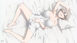 barefoot bedroom bedroom_eyes bent_knees breasts completely_nude completely_nude_female feet female full_body full_color hand_on_chest hand_on_own_chest huge_breasts indoors inside keihh large_breasts lying navel nipples nude observer_viewpoint on_back on_floor pillow room shortstack smile soles spread_legs toes uzaki-chan_wa_asobitai! uzaki_hana white_hair