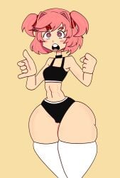 1female 1girls 5_fingers bare_shoulders breasts cameltoe doki_doki_literature_club female girl hair_intakes natsuki_(doki_doki_literature_club) pink_hair rohanemeritus thick_thighs thighs