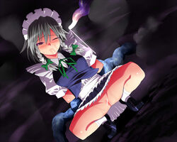 1girls blush censored female fyama hairband maid purple_eyes sakuya_izayoi short_hair silver_hair solo tentacle tentacle_on_female touhou wince