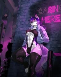 alley andytakker anthro breasts bulge canid canine canis city city_background city_night city_wall clothing fox futa_only futanari gear gynomorph hand_in_jacket hand_in_jacket_pocket hand_in_pocket hi_res intersex leaning leaning_on_wall leather leather_clothing legwear mammal neon neon_lights night_city pockets public sarah_(d4xt3r) solo solo_futa stockings thick_thighs thigh_highs under_boob waiting