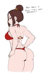 1girls ass avatar_the_last_airbender azula back_view bikini braid brown_hair darkeros13 dat_ass dialog dialogue english english_text eros erosdarkeros13 female female_focus female_only fire_nation hairbun implied_incest medium_breasts o-ring o-ring_bikini princess reffering_to_sibling royalty simple_background solo solo_female solo_focus suggestive swimsuit text tied_hair