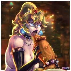 1boy 1girls 2022 big_breasts black_gloves blonde_hair blue_eyes bowser breasts cock_ring collar crown earrings embarrassed female gloves hand_on_cock hand_on_penis huge_breasts imminent_fellatio licking licking_penis male mario_(series) nintendo penis pony_tail ponytail princess_peach shiny_breasts shiny_hair shiny_skin spiked_collar spikes teeth teeth_showing tongue tongue_out white_skin yellow_hair zoquete