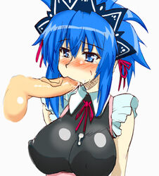 blue_hair blush breasts canon_genderswap clothing cum fellatio female fuyu_sato kampfer male oral penis rule_63 senou_natsuru short_hair solo_focus straight tears uncensored