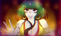 1girls artist_name artist_signature bare_shoulders big_breasts blunt_bangs blurry chromatic_aberration cleavage collarbone earrings effects english_text eyelashes fanart_from_twitter female ganesha_(vocaloid) ganesha_gumi gold_earrings gold_jewelry golden_earrings green_hair grin gumi hand_up hoop_earrings jewelry jewels looking_at_viewer masa_works_design medium_hair multicolored_background multicolored_hair mv_character palms pink_lipstick red_eyes red_hair red_nail_polish red_nails signature smile snake snake_eyes solo solo_female suggestive t4ylazsq teeth text twitter_link twitter_username upper_body vocaloid