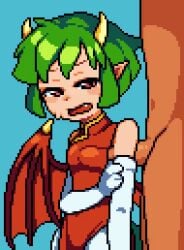 1boy 1girls 2d_animation animated arm_gloves armpit_fetish armpit_sex armpits blue_background chinese_clothes draco_centauros dragon_girl dragon_wings female fully_clothed gif green_hair heavy_breathing horns inside_clothing looking_view osimder pointy_ears puyo_puyo sega short_hair sweatdrop wings