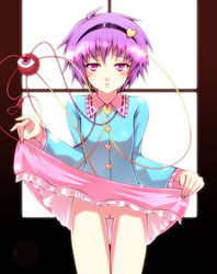 blush eyes genjuu_rou hairband heart no_panties purple_eyes purple_hair pussy satori_komeiji short_hair skirt skirt_lift solo standing touhou uncensored