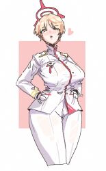 1girl 1girls blonde_female blonde_hair blue_archive blush blushing breasts button_down_shirt button_up_shirt buttoned_shirt collared_shirt female half-closed_eyes halo hand_on_hip hands_on_hips heart jacket large_breasts leebongchun looking_away marina_(blue_archive) military military_uniform portrait red_winter_federal_academy_student red_winter_office_(blue_archive) ribbon short_hair skindentation solo uniform very_short_hair white_gloves white_legwear white_uniform yellow_eyes