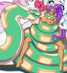 2girls :q absurd_res areolae blush breasts coiling dark-skinned_female dark_skin earrings female female_only hypnosis kaa_eyes kuzanagi16 lamia long_hair multiple_girls nipples pointy_ears ponytail purple_hair red_hair shantae shantae_(character) snake tuki_(shantae) twintails