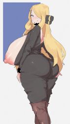 1girls areola areolae ass ass_grab backless backless_outfit bangs bangs_over_one_eye black_clothing black_legwear black_topwear blonde_female blonde_hair blue_eyes blush blushing breasts cynthia_(pokemon) erect_nipples facing_away female fur_collar fur_trim fur_trim_(clothing) hair_accessory hair_bobbles hair_ornament hair_over_one_eye huge_breasts kneehigh_boots kneehighs large_ass large_breasts leebongchun long_hair looking_at_viewer looking_back nipples plump plump_ass pokemon sideboob sidelocks solo standing straight_hair sweat sweatdrop very_long_hair