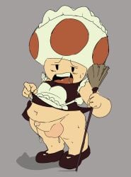 black_shoes blush chubby chubby_male exhausted fat_ass feather_duster flustered lifting_shirt lifting_skirt looking_at_viewer maid maid_outfit maid_uniform male_only mario_(series) mario_and_luigi_(series) short_stack shortstack sweating sweaty sweaty_balls sweaty_body thighs thong toad_(mario) wet_penis white_thong