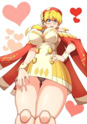 1girls alia alternate_version_at_source black_panties blonde_hair blue_eyes blush cape cleavage hand_on_hip heart kotatuman_dash large_breasts looking_at_viewer looking_down mega_man mega_man_x mega_man_x_dive open_mouth panties red_hat reploid robot_girl robot_joints solo_female solo_focus white_dress