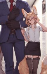 1boy adjusting_eyewear adjusting_sleeves after_sex animal_ears belt biting_own_lip black_thighhighs blonde_hair blurry blurry_background blush braid collarbone cum cum_on_legs cum_overflow cumdrip earrings einarr_(personalami) english_commentary female flat_chest fox_ears fox_tail fucked_silly garter_straps glasses height_difference highres jewelry khiara_(personalami) looking_at_another necklace necktie office_lady original pencil_skirt personalami rolling_eyes shirt signature skirt suit tail thighhighs twin_braids white_shirt