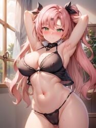 1girls ai_generated black_bra black_panties black_underwear bra gabrail green_eyes nicole_demara one_female only_female panties pink_hair solo solo_female underwear zenless_zone_zero