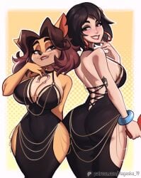 2girls alyssa_bandicoot_(oc) anthro back big_breasts big_ears black_dress black_hair bracelet busty cleavage clothed collar crash_(series) dress earrings evie_(fortnite) exposed_back fortnite furry gold_chain magaska19 modakawa_dress seductive_look short_hair smile thick thick_thighs weird_crossover white_skin