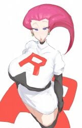 1girls arms_at_sides black_gloves black_thighhighs blue_eyes breasts colored_eyelashes female female_only from_above fully_clothed gloves green_earrings jessie_(pokemon) large_breasts leebongchun long_hair mature_female milf pink_hair pokemon skirt sleeves slicked_back_hair solo team_rocket thighhighs tight_clothing tight_skirt wide_hips