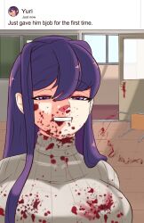 1female 1girls big_breasts blood blood_on_face blood_trail breasts collarbone doki_doki_literature_club english_text female_focus long_hair lplatelets meme purple_eyes purple_hair shitpost solo_focus sweater teeth text turtleneck turtleneck_sweater yuri_(doki_doki_literature_club)