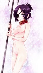 breasts chrome_dokuro collar eye_patch female katekyo_hitman_reborn katekyo_hitman_reborn! large_breasts nemasuba nude polearm purple_eyes purple_hair pussy short_hair solo spear trident uncensored weapon