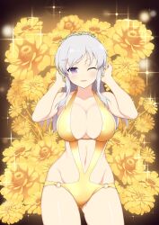 1girls breasts female golden_bikini headphones kasumi_(senran_kagura) long_hair looking_at_viewer marvelous monokini navel official_alternate_costume official_art open_mouth purple_eyes senran_kagura senran_kagura_new_wave solo white_hair winking_at_viewer yaegashi_nan