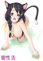 animal_ears bakemonogatari black_hair black_hanekawa blush braid breasts cat_ears cum cum_in_mouth cum_on_body cum_on_breasts cum_on_tongue cum_on_upper_body eunos facial glasses hair_ornament hairclip hanekawa_tsubasa large_breasts long_hair monogatari_(series) nipples open_mouth panties purple_eyes tail underwear