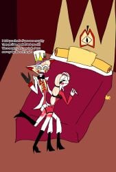 1boy 1boy1girl 1girls apple bedroom black_gloves blonde_hair charlie_morningstar_(hazbin_hotel) crying_with_eyes_closed demon_boy demon_girl father_and_daughter female hat hazbin_hotel heels hell incest lucifer_morningstar_(hazbin_hotel) male no_pants one_leg_up otk_spanking panties punishment red_bottomwear red_suit rubber_duck spank_marks spanked_butt spanking text white_skin white_suit yellow_eyes