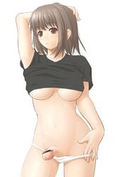 1futa breasts brown_eyes brown_hair censored copyright_request erect_nipples futa_only futa_sans_balls futanari highres intersex large_breasts panties panty_pull penis pointless_censoring short_hair solo_futa underboob underwear zi-shot