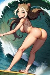 4kids_entertainment ai_generated barefoot bikini flora_(winx_club) nickelodeon presenting_hindquarters rainbow_(animation_studio) surfing wave winx_club yellow_bikini