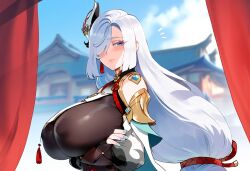 ai_generated genshin_impact henrik_n huge_breasts looking_at_viewer massive_breasts milf nipple_bulge nipples_visible_through_clothing novelai pov shenhe_(genshin_impact) thiccwithaq_(ai_style) white_hair