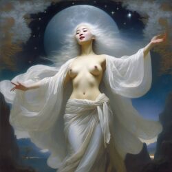 ai_generated asian_female belly breasts curvy female lips long_hair moon navel nipples small_breasts solo star topless white_hair william_bouguereau