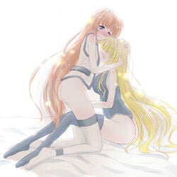 2girls ass blonde_hair blue_eyes blush bottomless breasts brown_hair fate_testarossa female fingering hachikei long_hair lowres lyrical_nanoha mahou_shoujo_lyrical_nanoha mahou_shoujo_lyrical_nanoha_strikers multiple_girls nipples pussy_juice straight_hair takamachi_nanoha thighhighs wink yuri