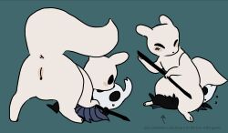 ambiguous_gender anus artienvy black_body blue_clothing blush blush_lines clothing dominant dominant_female duo female female/ambiguous female_on_top feral genitals hi_res holding_down holding_melee_weapon holding_object holding_polearm holding_spear holding_weapon hollow_knight_(franchise) melee_weapon nonbinary_(lore) on_top pinned pinned_to_ground polearm questionable_consent rain_world sitting sitting_on_another slugcat spear survivor_(rain_world) tail team_cherry the_knight_(hollow_knight) toony vessel_(species) videocult vulva weapon white_body white_head white_tail