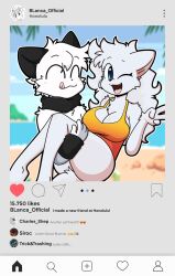 blanca_(nicky_illust) carrying carrying_partner clothed eyes_closed lazycatto_(character) nicky_illust on_phone peace_sign scarf selfie siroc_(character) swimsuit wristband