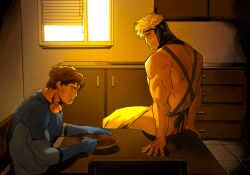 2boys apron_only ass blonde_hair blue_beetle booster_gold dc_comics kitchen male_only melonnabab michael_carter muscular muscular_male seductive_look sitting ted_kord