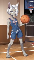 1girls 2024 ai_generated anthro basketball basketball_(ball) basketball_court basketball_uniform blue_eyes digitigrade female female_only grey_body hi_res holding_basketball indoors looking_at_viewer mineru nintendo short_hair smile the_legend_of_zelda the_legend_of_zelda:_tears_of_the_kingdom white_hair zonai