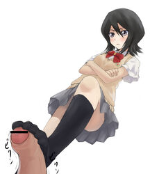 1boy 1girls 2d black_legwear black_socks bleach blush bow bowtie censored chiwino crossed_arms feet female femdom foot_fetish foot_focus footjob footjob_with_legwear footwear foreskin from_below full_color fully_clothed head_out_of_frame knee_socks kneehighs kneesocks kuchiki_rukia legs light-skinned_female light_skin looking_down male no_penetration out_of_frame pale-skinned_female pale_skin partially_retracted_foreskin penis pov precum school_uniform short_hair skirt socks standing standing_footjob sweater_vest