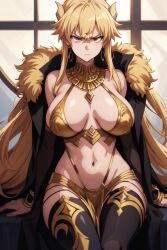 ai_generated big_breasts bikini_armor bikini_top blonde_hair cheeky_tds cloak frown pale_skin