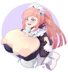 1girls areola_slip areolae bangs blue_eyes bra bra_peek breasts breasts_out brown_hair exposed_nipples felicia_(fire_emblem) female female_only fire_emblem fire_emblem_fates huge_breasts maid nintendo nipple_slip nipples nipples_outside open_mouth pink_eyes ponytail smile solo underwear weepinbelly