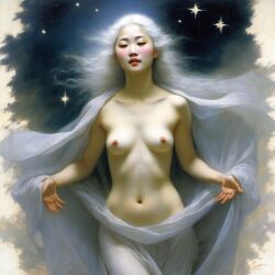 ai_generated asian_female belly breasts curvy female lips long_hair navel nipples small_breasts solo star topless white_hair william_bouguereau