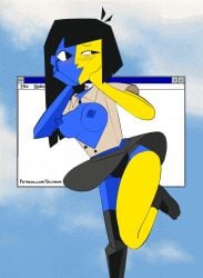 1girls areolae bichrom black_hair blue_skin blush breasts ena eyebrows female joel_g multicolored_body newgrounds nipples no_bra panties yellow_skin