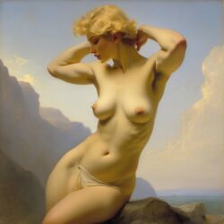 ai_generated belly blonde_hair blue_eyes breasts convenient_censoring curly_hair curvy female lips muscles muscular_female navel nipples nude short_hair small_breasts solo william_bouguereau